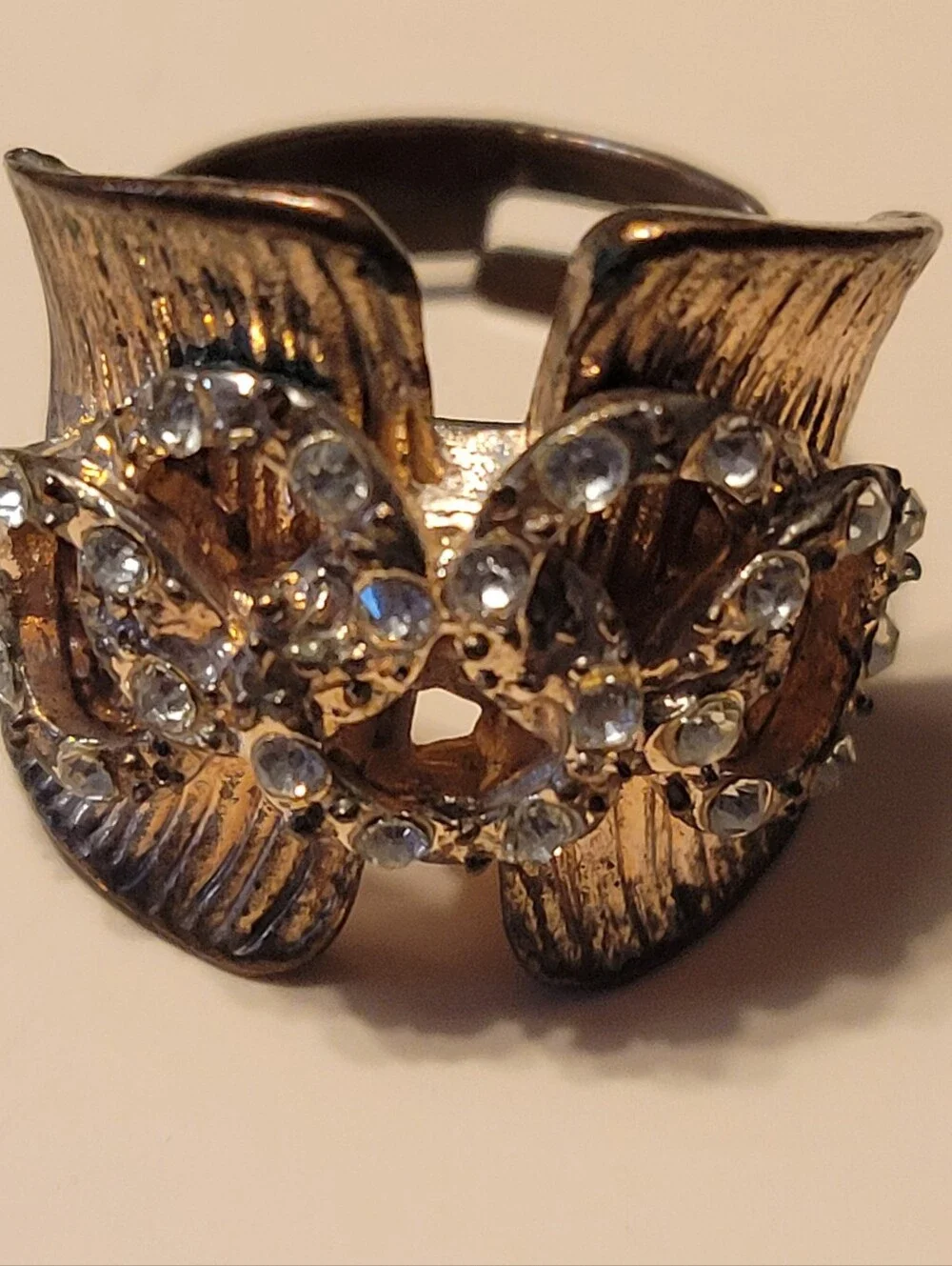 VINTAGE Gold-Tone Crystal Floral Statement Ring